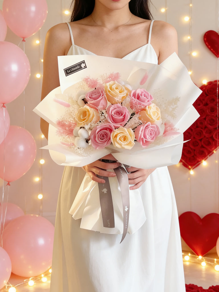 （情人節預訂）快樂愛情 9枝保鮮玫瑰花束｜保鮮花 永生花生日花束 9 purple  preserved rose bouquet