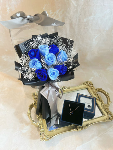 *迷你*版天長地久9枝藍色保鮮玫瑰花束  永生花 Le Petit Forever Love Preserved Blue Rose  Flower Bouquet