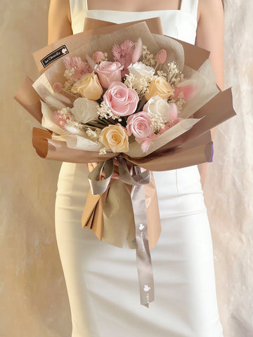 文青系 天長地久9枝混色保鮮玫瑰花永生花束 Forever Love Preserved Rose Flower Bouquet