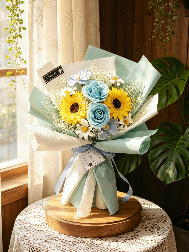 （番梘花) Tiffany Blue 色畢業花束系列—太陽花 小學 中學 大學 幼稚園 畢業花束