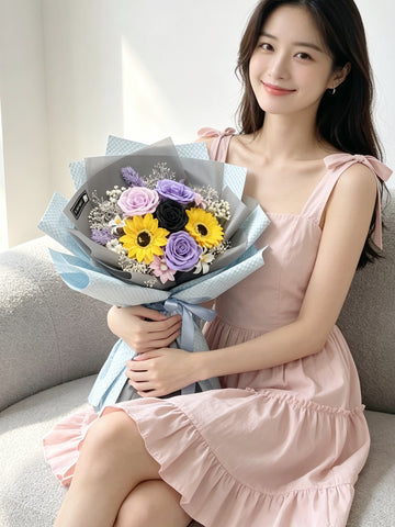 （番梘花）紫色派對畢業花束系列— 玫瑰花 太陽花 乾燥花束