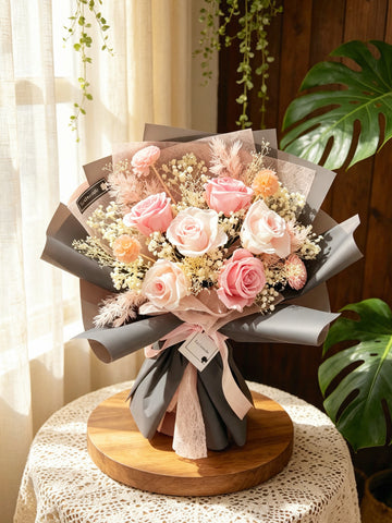 永生花 粉紅 佳人七夕 6 枝保鮮玫瑰花束 生日花束 Preserved Flower Bouquet
