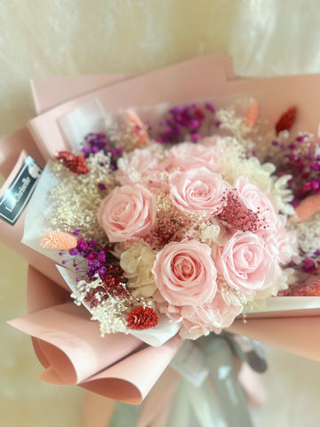 甜心-粉紅色保鮮玫瑰花束 永生花Pink Preserved Rose Bouquet