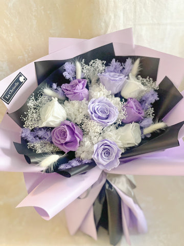 （情人節預訂）天長地久混紫9枝保鮮玫瑰花束｜保鮮花 永生花生日花束 9 purple  preserved rose bouquet