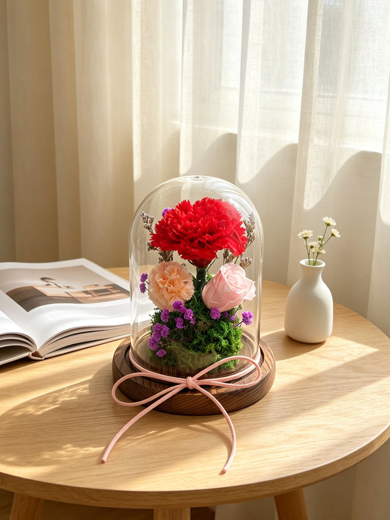 母親節系列 紅色康乃馨 保鮮花 永生花擺設 玻璃罩 花瓶 Mother’s Day Preserved Flower