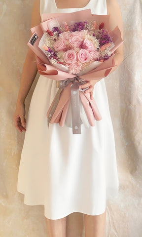 甜心-粉紅色保鮮玫瑰花束 永生花Pink Preserved Rose Bouquet
