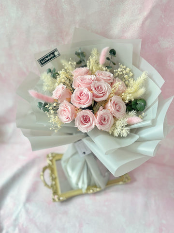 (情人節預訂）11 枝一心一意粉紅保鮮玫瑰花束  永生花Forever Love Preserved Pink Rose  Flower Bouquet