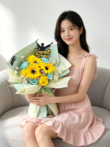（番梘花) 青蔥歲月-畢業花束系列—太陽花 玫瑰花 乾燥花束