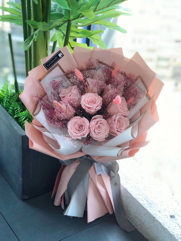（情人節預訂）天長地久9枝粉紅保鮮玫瑰花束  永生花Forever Love Preserved Pink Rose  Flower Bouquet