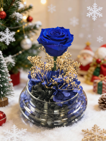星際夜空藍色大玫瑰保鮮花永生花禮 玻璃罩 花瓶 擺設  Mid Night Starry Sky Blue Preserved Flowers