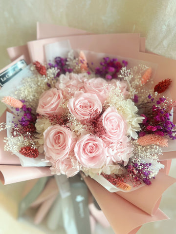 甜心-粉紅色保鮮玫瑰花束 永生花Pink Preserved Rose Bouquet
