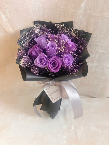 *迷你*版天長地久9枝紫色保鮮玫瑰花束永生花  Le Petit Forever Love Preserved Purple Rose  Flower Bouquet & Necklace