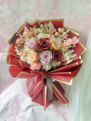 華麗公主-6枝香檳色/紅色/玫瑰金色保鮮玫瑰花束 永生花 Magical World Preserved Roses Bouquet