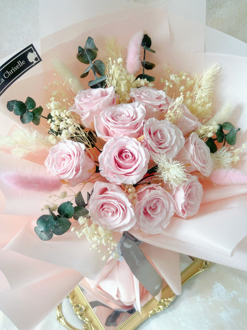 (情人節預訂）11 枝一生一世粉紅保鮮玫瑰花束  永生花Forever Love Preserved Pink Rose  Flower Bouquet