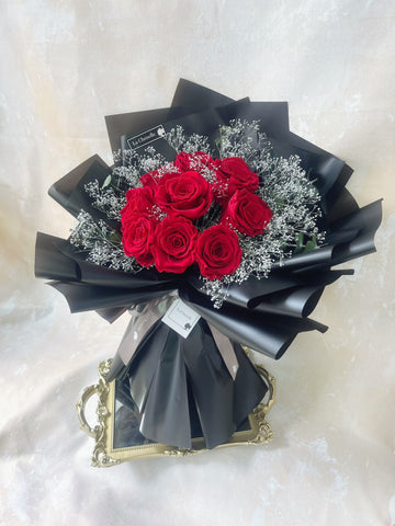 天長地久9枝紅色保鮮玫瑰花永生花束 Forever Love Red Preserved Rose Flower Bouquet