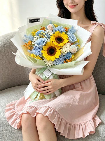 (保鮮花）陽光 派對向日葵 + 玫瑰花 畢業花束 中學 小學 幼稚園 大學畢業 律師admission 花