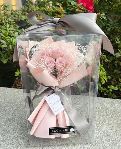 迷你*版天長地久9枝粉紅色保鮮玫瑰花永生花束  Le Petit Forever Love Preserved Pink Rose  Flower Bouquet