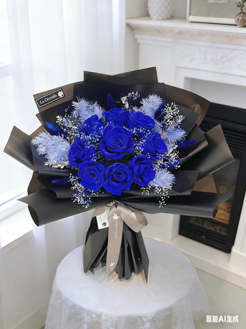 （情人節預訂) 寶藍9枝保鮮玫瑰花束｜保鮮花 永生花生日花束 blue Preserved Flower Bouquet