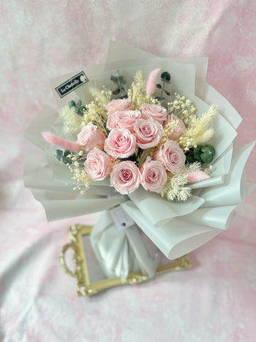 11 枝一心一意粉紅保鮮玫瑰花束  永生花Forever Love Preserved Pink Rose  Flower Bouquet