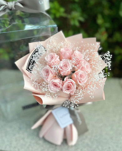 迷你*版天長地久9枝粉紅色保鮮玫瑰花永生花束  Le Petit Forever Love Preserved Pink Rose  Flower Bouquet