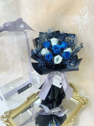 迷你*版天長地久9枝藍色保鮮玫瑰花束  永生花 Le Petit Forever Love Preserved Blue Rose  Flower Bouquet