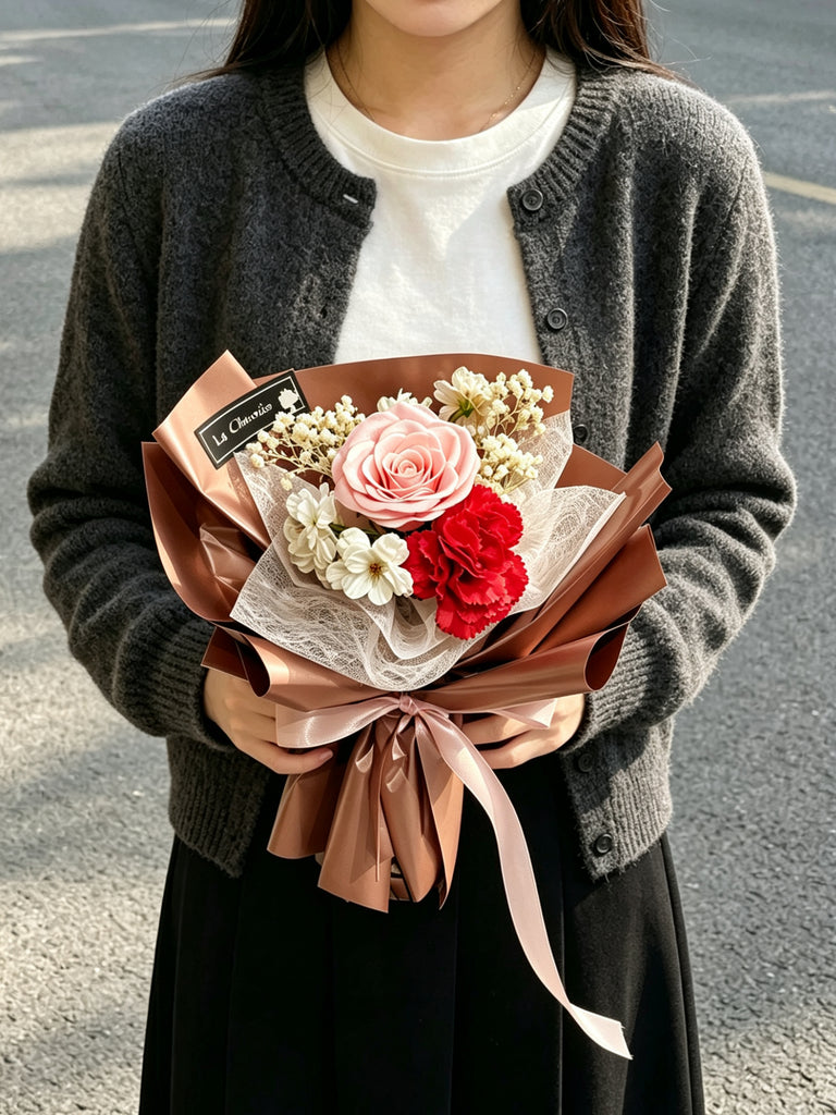 (番梘花）母親節花束系列— 媽媽 玫瑰花 康乃馨 番梘花束 玫瑰金 色花紙