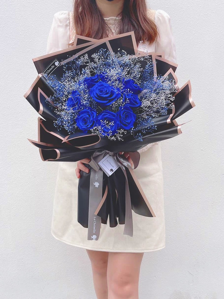 (情人節預訂）天長地久9 枝貴族藍保鮮玫瑰花永生花束 Forever Love 9 Navy Blue Preserved Roses Bouquet
