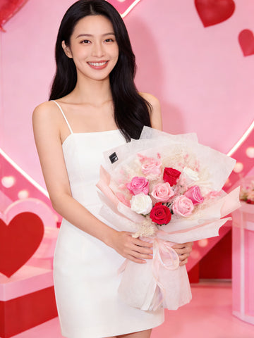 (情人節預訂) 浪漫公主 9枝粉紅色系保鮮玫瑰花束｜保鮮花 永生花生日花束