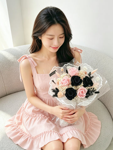（現貨）永生花 法式浪漫 6枝黑色粉紅色保鮮玫瑰花束 生日花束 Preserved Flower Bouquet
