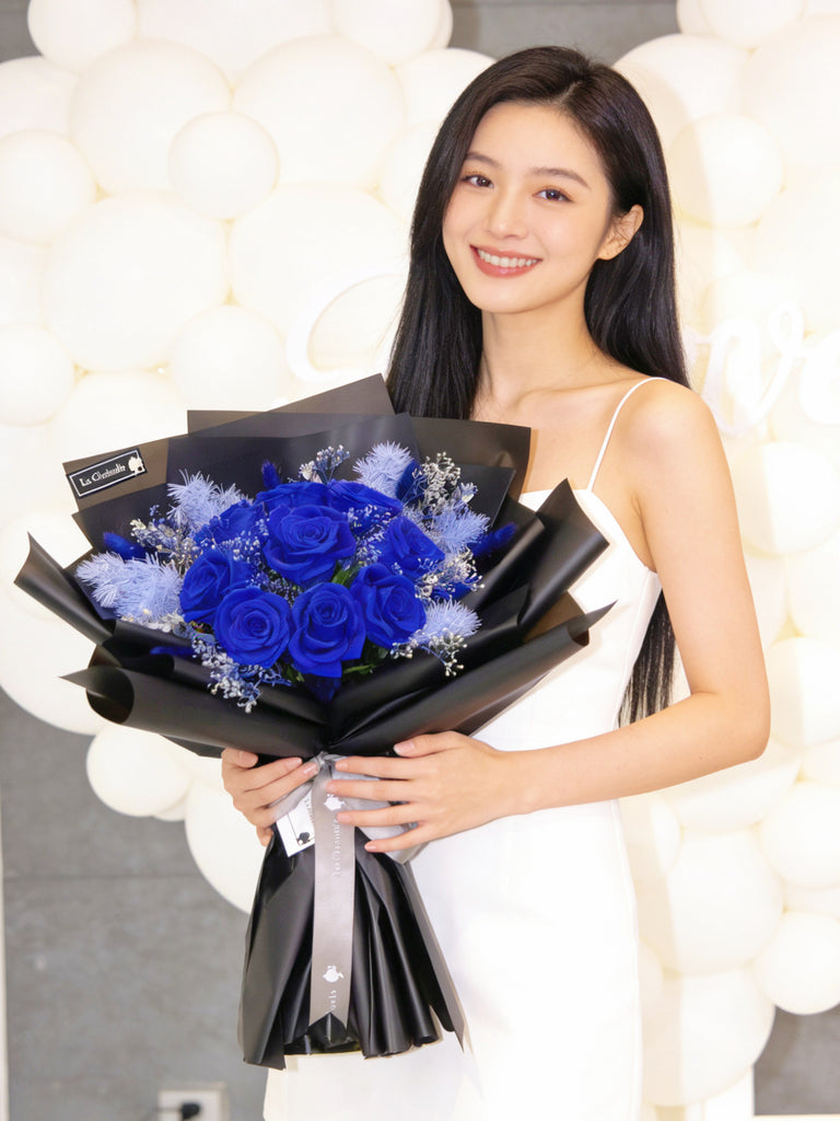 （情人節預訂) 寶藍9枝保鮮玫瑰花束｜保鮮花 永生花生日花束 blue Preserved Flower Bouquet