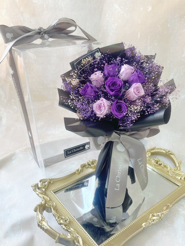 *迷你*版天長地久9枝紫色保鮮玫瑰花束永生花  Le Petit Forever Love Preserved Purple Rose  Flower Bouquet & Necklace