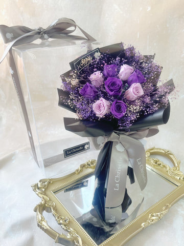 （元宵優惠）*迷你*版天長地久9枝紫色保鮮玫瑰花束永生花  Le Petit Forever Love Preserved Purple Rose  Flower Bouquet & Necklace