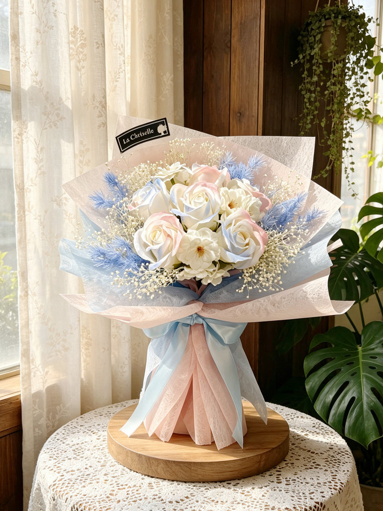 (番梘花）樂天 6 枝 漸變粉紅藍畢業玫瑰花 生日花束 畢業花束系列 中學小學幼稚園大學