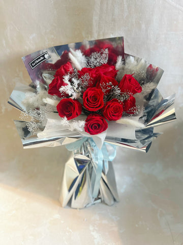 （情人節預訂) 熱情約會11枝紅保鮮玫瑰花束｜保鮮花 永生花生日花束 Pink Puple Preserved Flower Bouquet