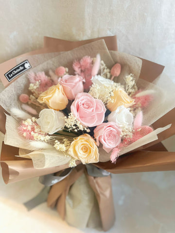 文青系 天長地久9枝混色保鮮玫瑰花永生花束 Forever Love Preserved Rose Flower Bouquet