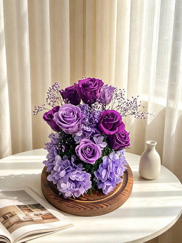 風水擺設 9 枝紫色玫瑰花園保鮮花禮 永生花 玻璃罩 花瓶 擺設  9  Purple Preserved Flowers