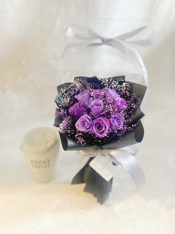 *迷你*版天長地久9枝紫色保鮮玫瑰花束永生花  Le Petit Forever Love Preserved Purple Rose  Flower Bouquet & Necklace