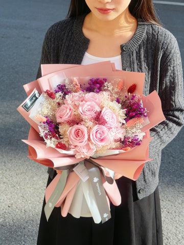 甜心-粉紅色保鮮玫瑰花束 永生花Pink Preserved Rose Bouquet