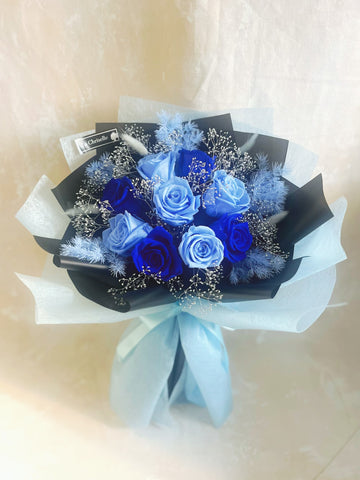 （情人節預訂）天長地久混藍9枝保鮮玫瑰花束｜保鮮花 永生花生日花束 9 blue preserved rose bouquet