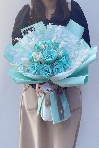 （情人節預訂）Tiffany Blue 天長地久9 枝，保鮮玫瑰花永生花束  生日求婚花束Tiffany Blue Forever Love Preserved Roses Bouquet