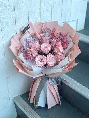 （情人節預訂）天長地久9枝粉紅保鮮玫瑰花束  永生花Forever Love Preserved Pink Rose  Flower Bouquet