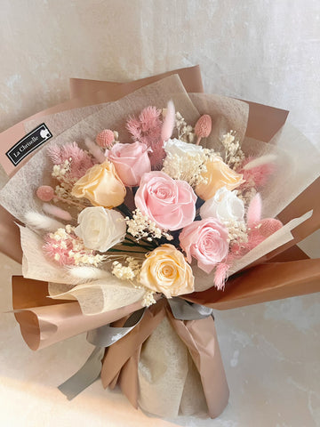 文青系 天長地久9枝混色保鮮玫瑰花永生花束 Forever Love Preserved Rose Flower Bouquet