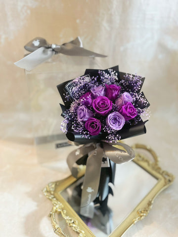 *迷你*版天長地久9枝紫色保鮮玫瑰花束永生花  Le Petit Forever Love Preserved Purple Rose  Flower Bouquet & Necklace