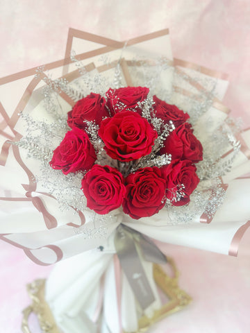 天長地久9枝紅色保鮮玫瑰花永生花束 Forever Love Red Preserved Rose Flower BouqueT