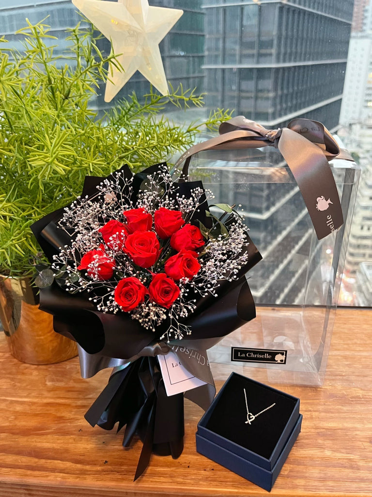 頸鏈套裝（情人節預訂) 迷你版天長地久9枝紅色保鮮玫瑰花永生花束  + 頸鏈 Le Petit Forever Love Preserved  Red  Rose  Flower Bouquet