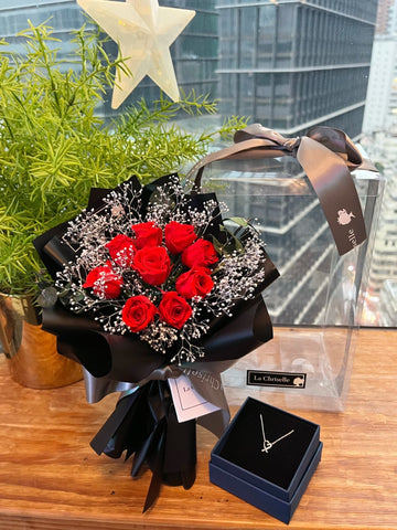 頸鏈套裝（情人節預訂) 迷你版天長地久9枝紅色保鮮玫瑰花永生花束  + 頸鏈 Le Petit Forever Love Preserved  Red  Rose  Flower Bouquet