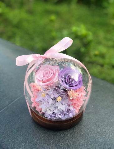 (情人節預訂）粉紅粉紫玫瑰花水晶球保鮮花 永生花Pink Purple Rose Preserved Flowers Crystal Ball Gift