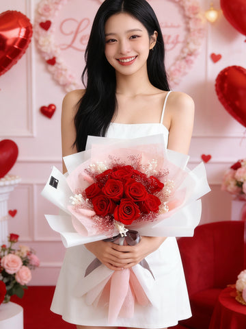 (情人節預訂) 熱戀中的心動 11 枝保鮮玫瑰花束｜保鮮花 永生花生日花束