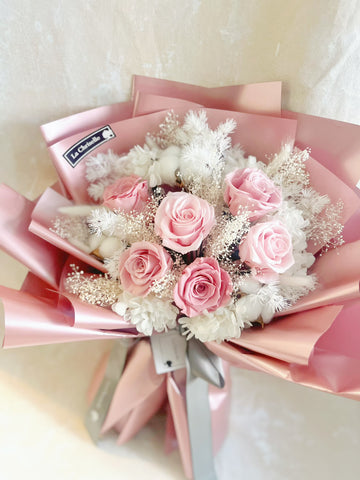 （情人節預訂）永恆的愛 6枝粉紅豆沙色系保鮮玫瑰花束｜保鮮花 永生花生日花束6pink preserved rose bouquet