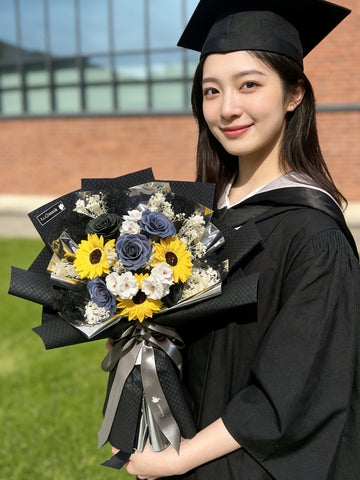 (番梘花有現貨）畢業花束系列— 黑灰 玫瑰花 太陽花 乾燥花束